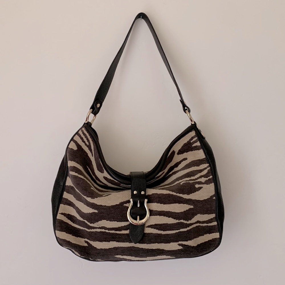 Kate Spade zebra print hobo purse with dark brown leather and dust bag.